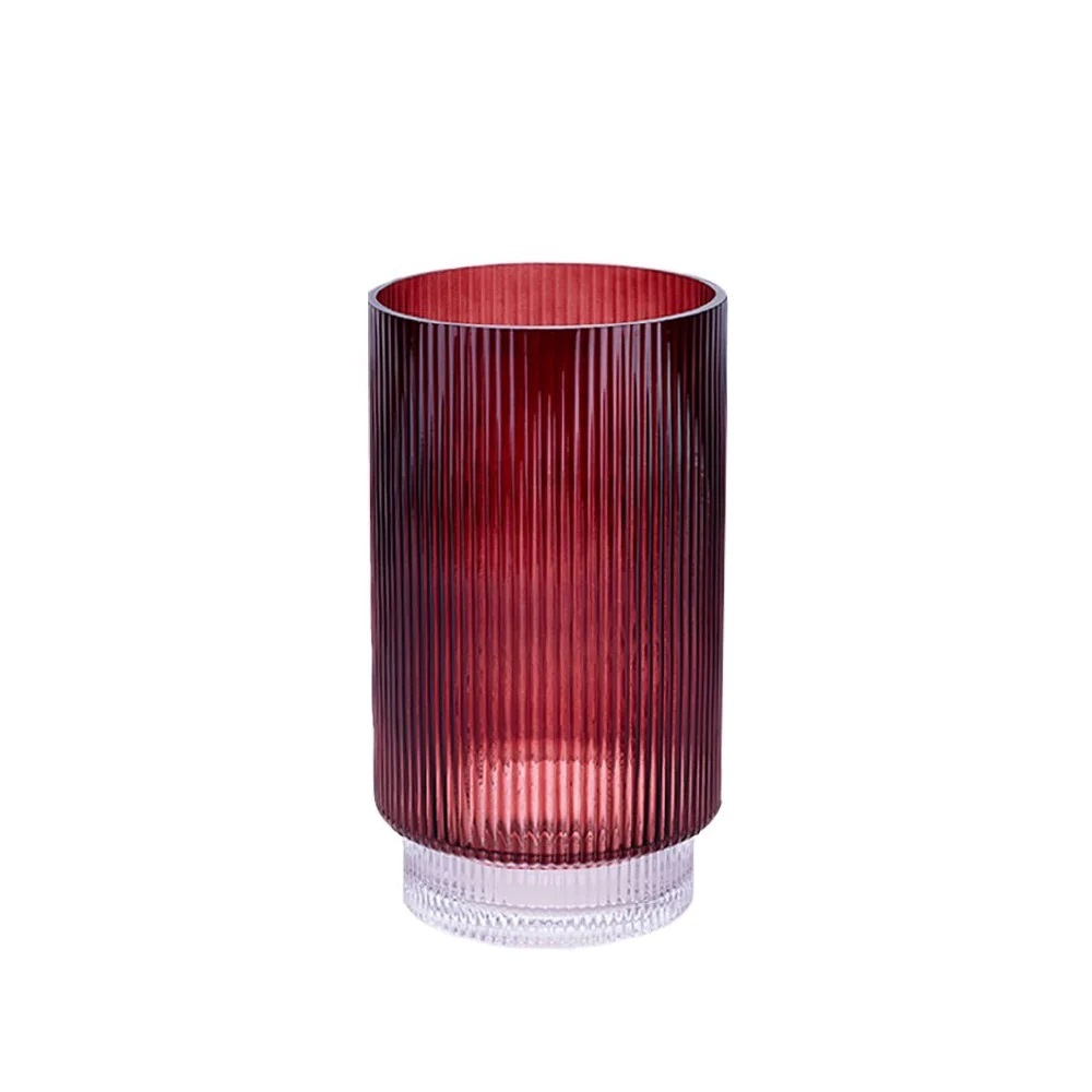 Crimson ribbed glass vase with clear base