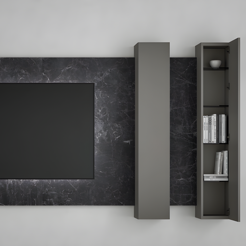 TV with Boiserie in Kera Nero Marquinia Wall Panel