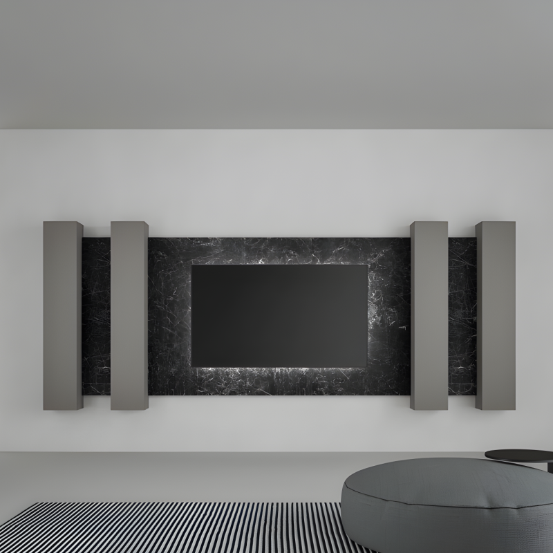 TV with Boiserie in Kera Nero Marquinia Wall Panel