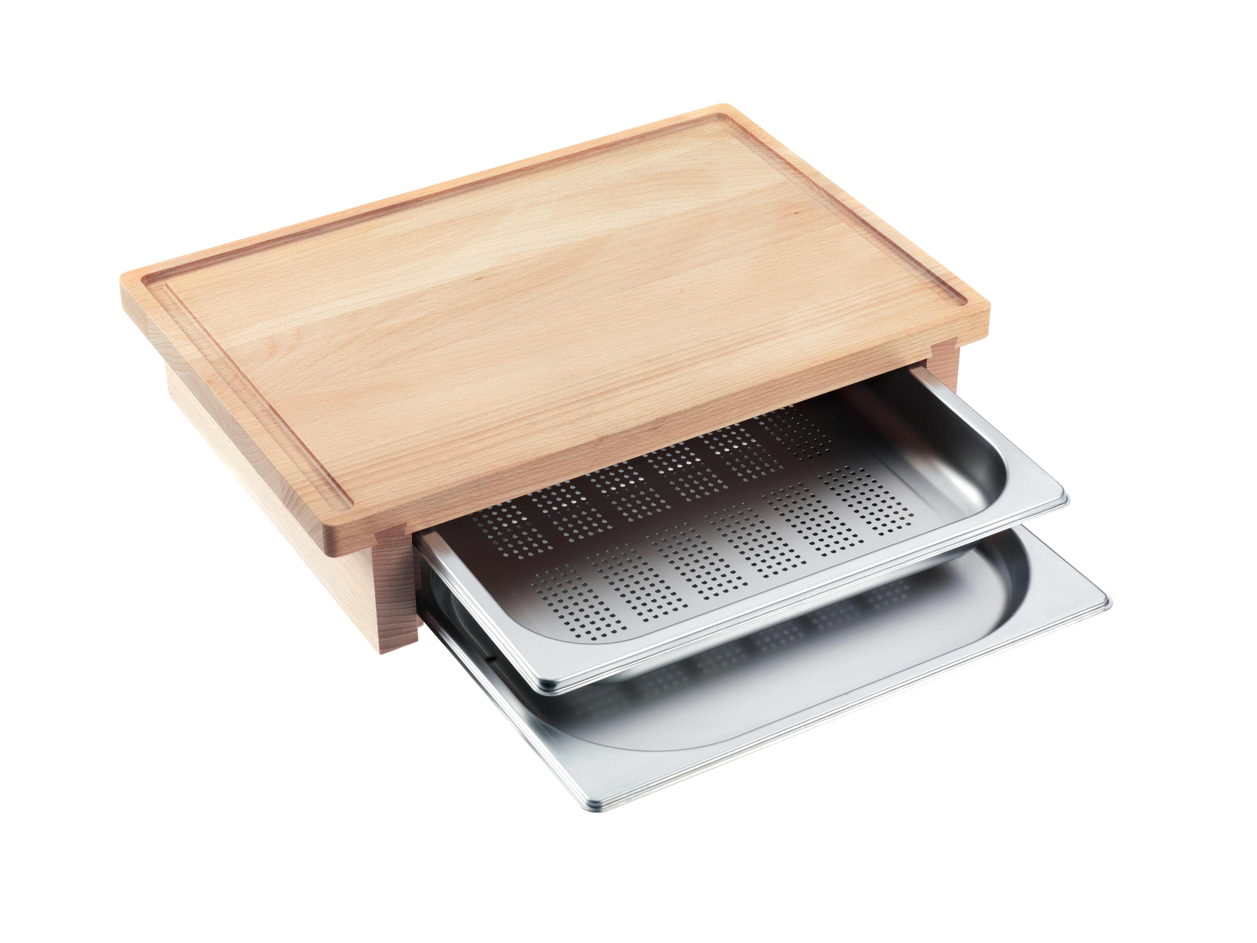 DGSB 1Cutting board with 2 inserted steam cooking containers.