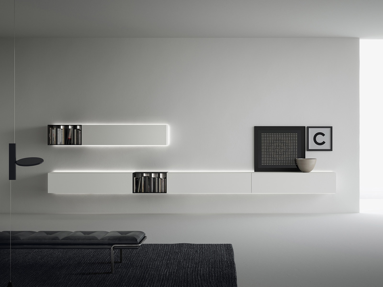 Suspended storage units with Bookcases