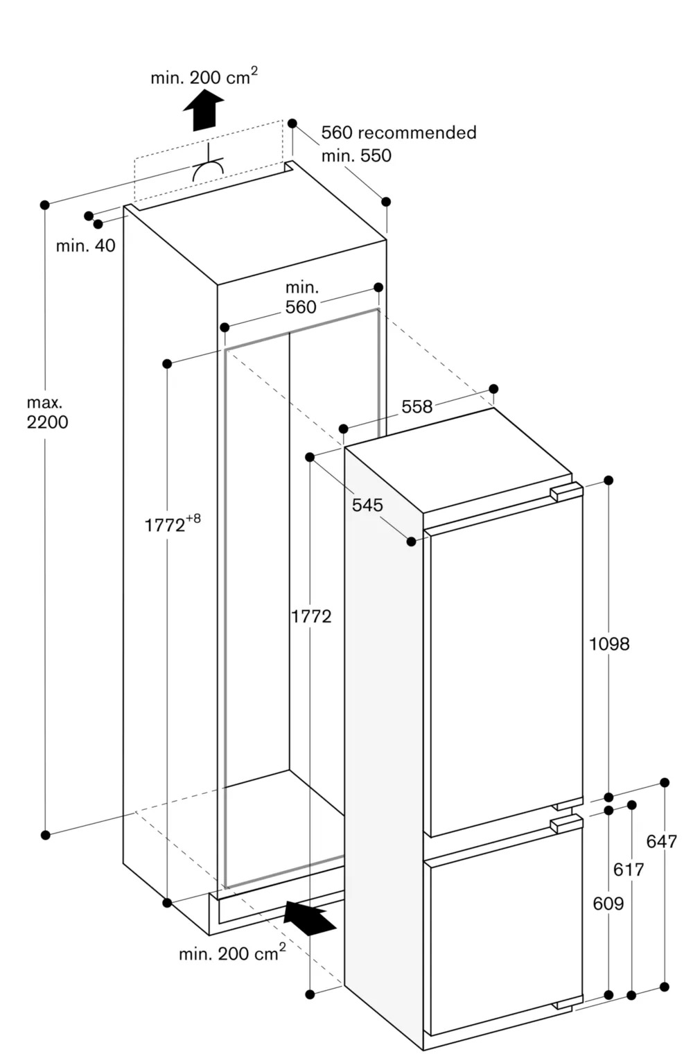Gaggenau 200 series built-in fridge-freezer with freezer at bottom