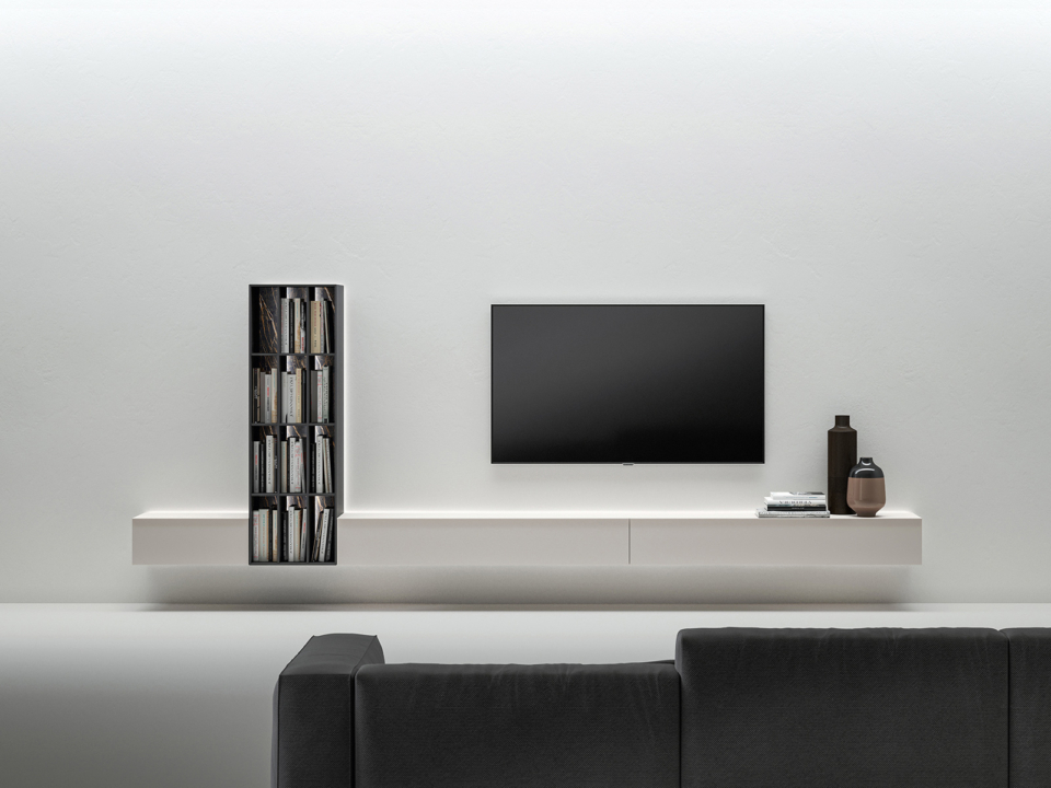 TV stand Suspended module with vertical Bookcase